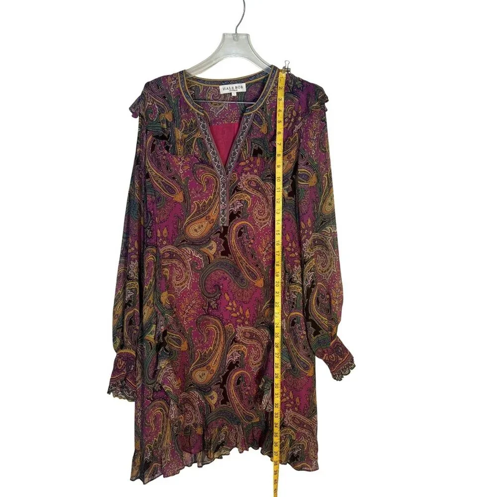 Hale Bob Paisley Print Long Sleeve Belted Dress L - Picture 8 of 13